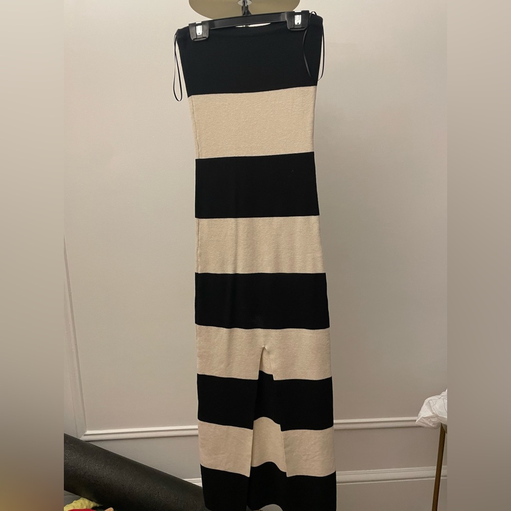 black and beige dress